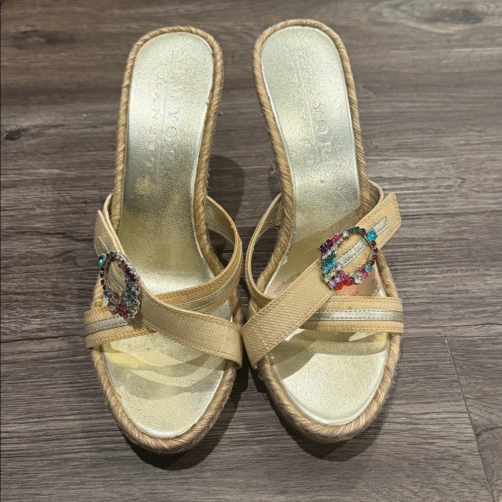 Tan and Gold Wedges with Jeweled Embellishment